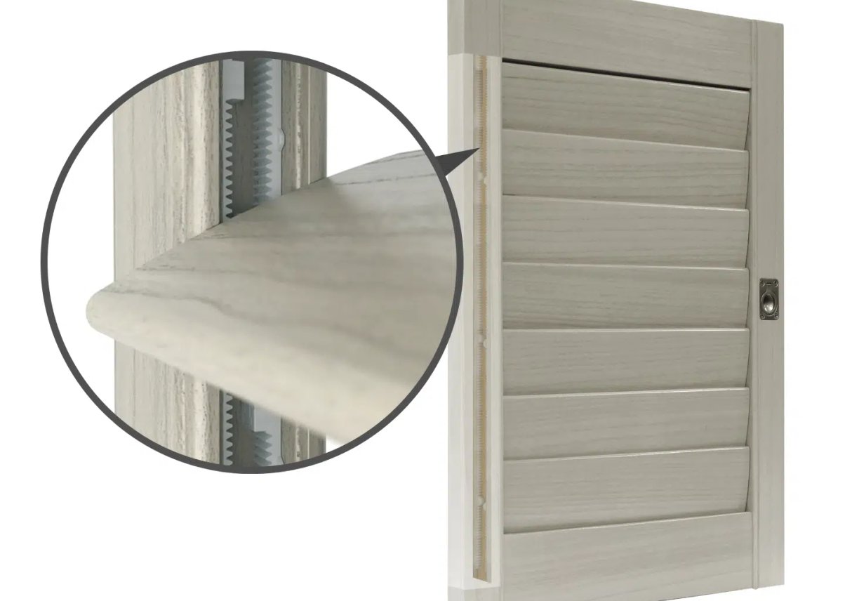 Norman shutters with hidden tilt system on large window.