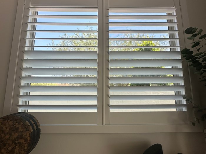 Two-panel Norman shutter with louvers tilted open to a green back yard, a typical Phoenix, AZ install