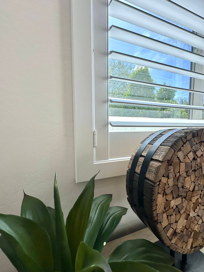 Norman shutter louvers angled to cut glare without closing off the view, how we set them in Carefree, AZ homes