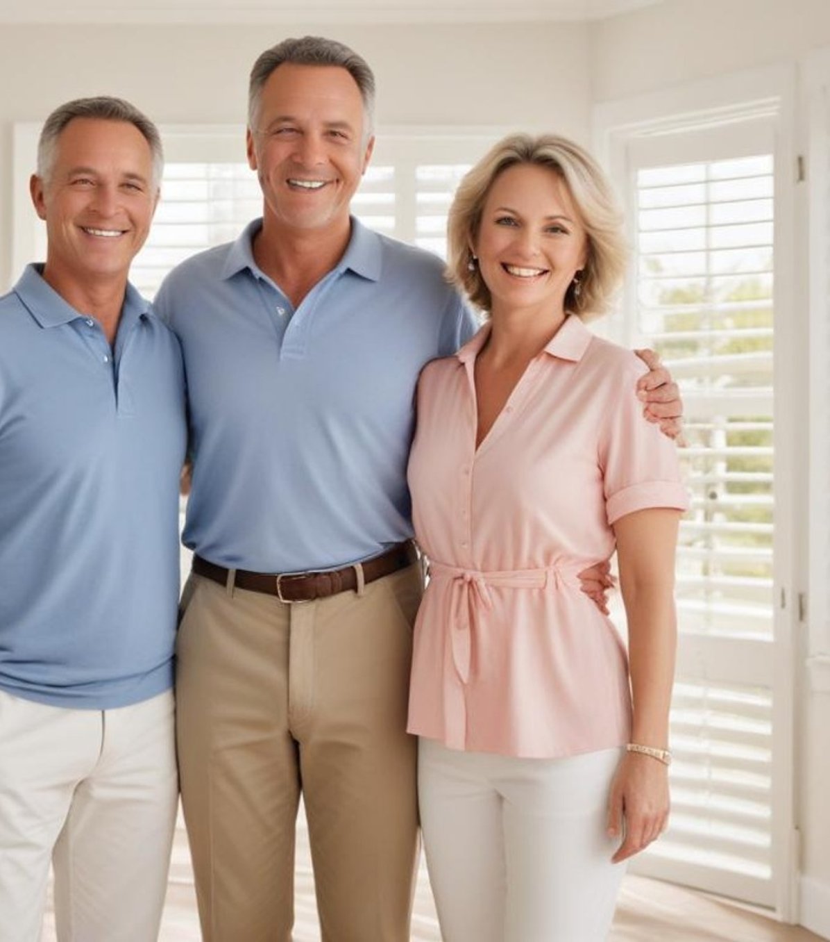 Happy Arizona homeowners with newly installed plantation shutters.